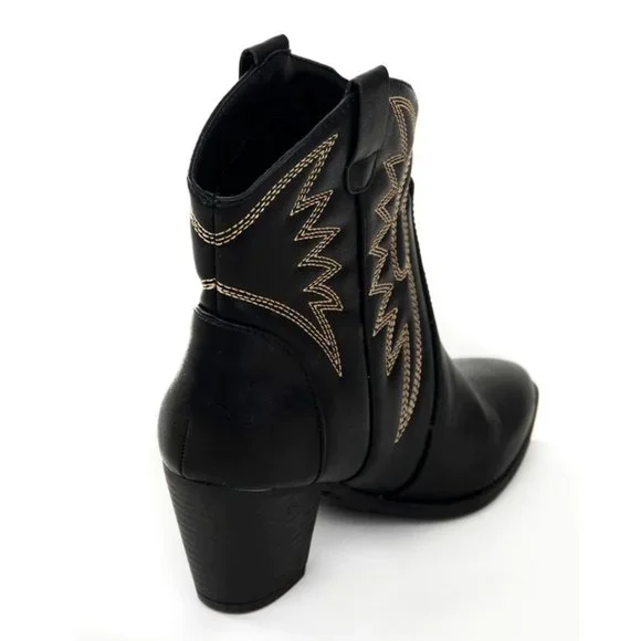 NEW Black Pointy Toe Block Heel Western Stitch Embroidery PU Leather Ankle Boots - Picture 8 of 10